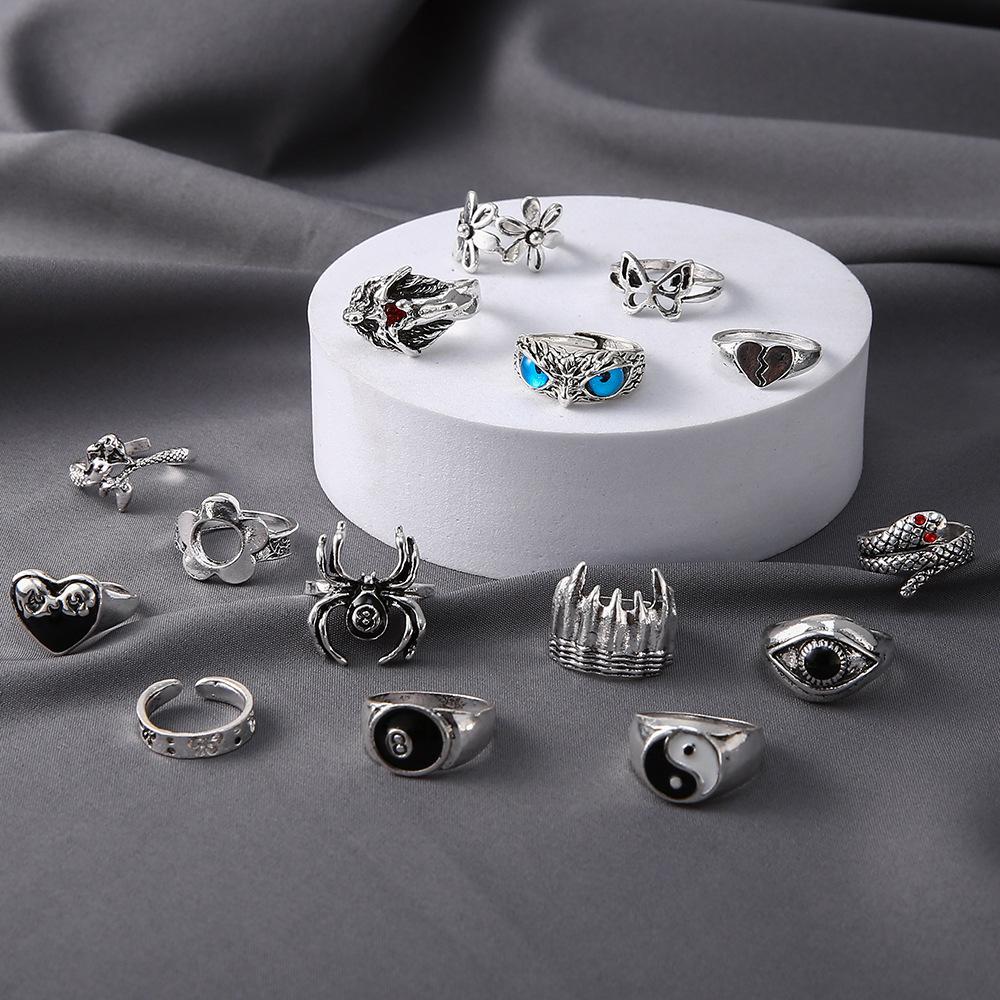 Retro Animal Ring Exaggerated Owl Spider Ring 15-piece Set
