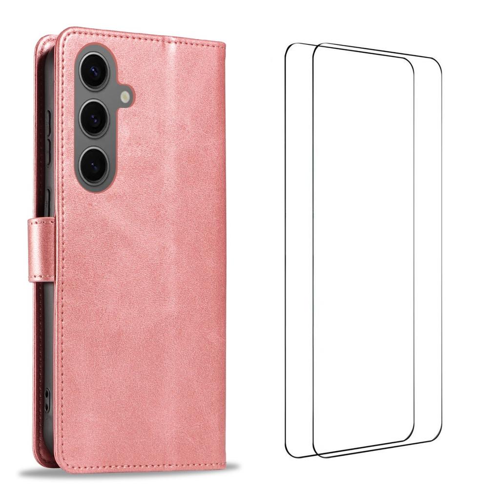 For Samsung Galaxy S25 Case with 2Pcs Tempered Glass WANLONFENG WN Series Calf Texture Leather Phone Cover Big Cutouts