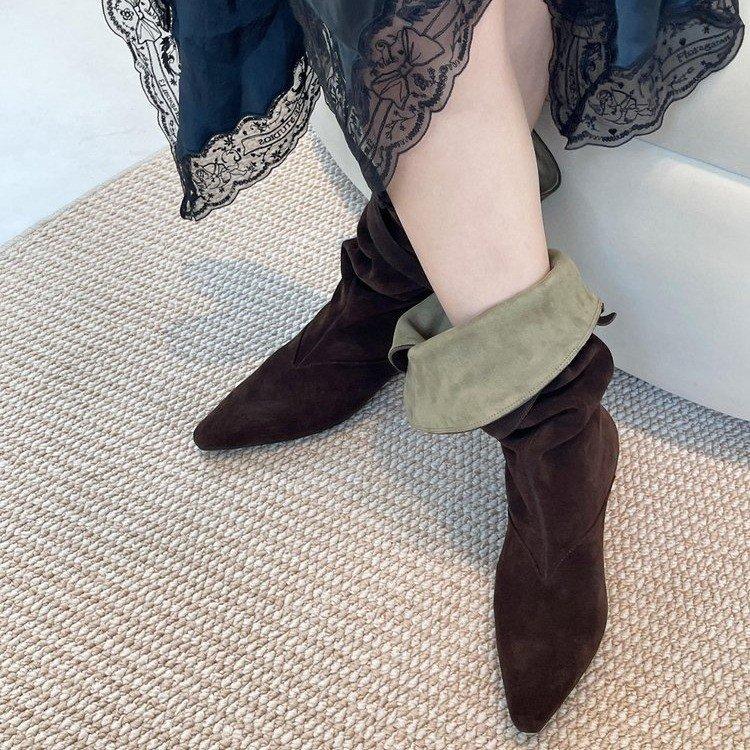 Sheepskin Version~ Korean Version Pointed Head Thick Heel Western Cowboy Boots Women's Autumn and Winter Leather Thick-soled Wide Tube Stacking