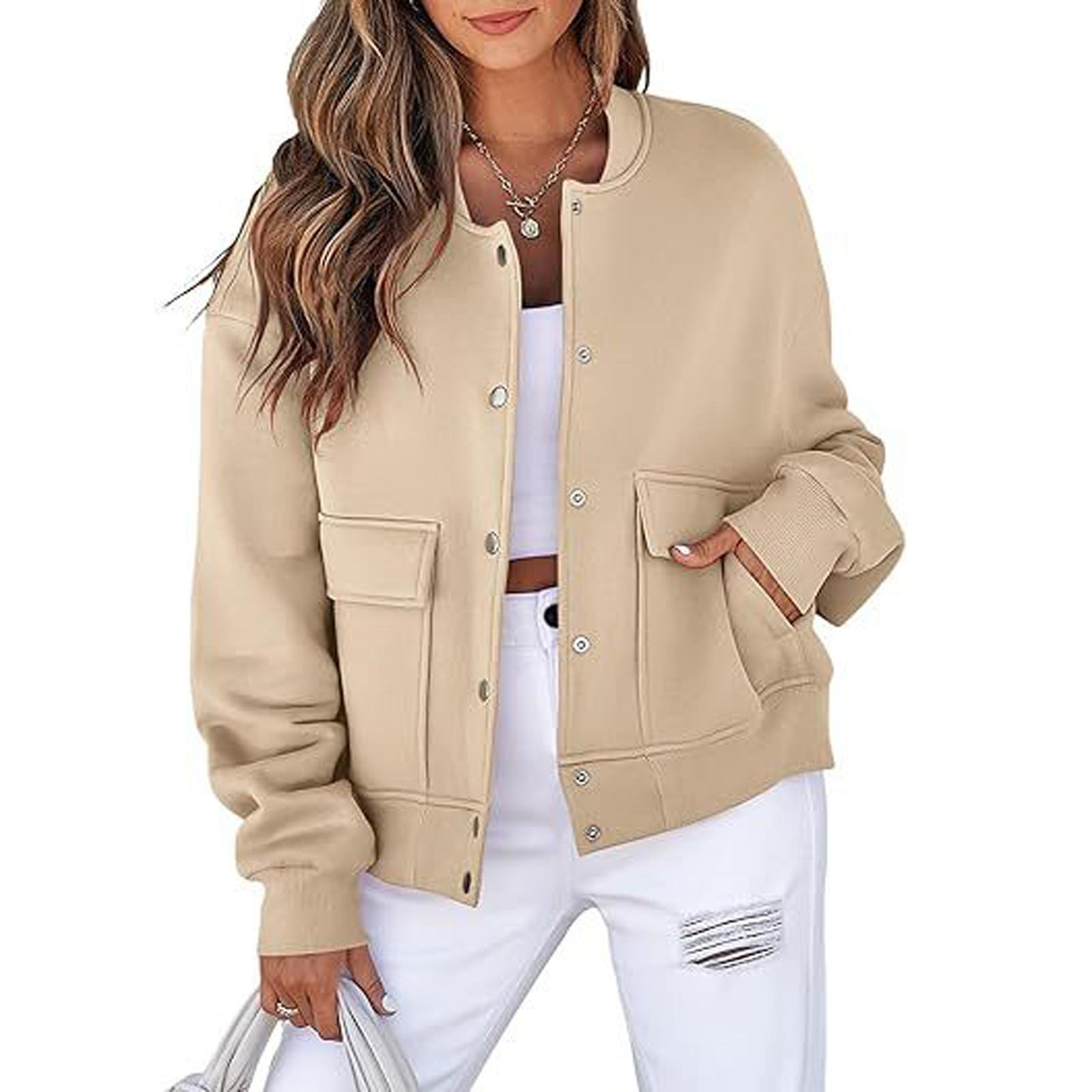 

Women s Casual Neck Long Sleeve Jacket Casual Pocket Coat XL бежевый