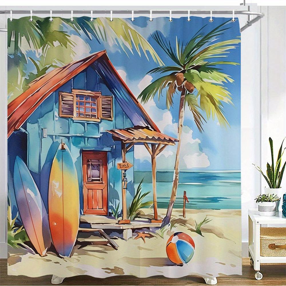 

Tropical Beach Shower Curtain – Watercolor Cottage, Palm Tree & Surfboards On White Background, 12 Hooks, 70.87×70.87 Inch W60H190(CM)-1 Pcs
