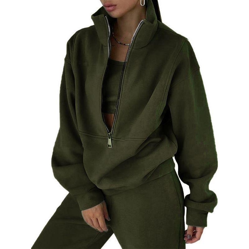 Fall and Winter New Arrival Fashion Stand Collar Zipper Fleece Loose Long Sleeve Sweatershirt Jogger Pants Pants Casual Sports Two-Piece Suit
