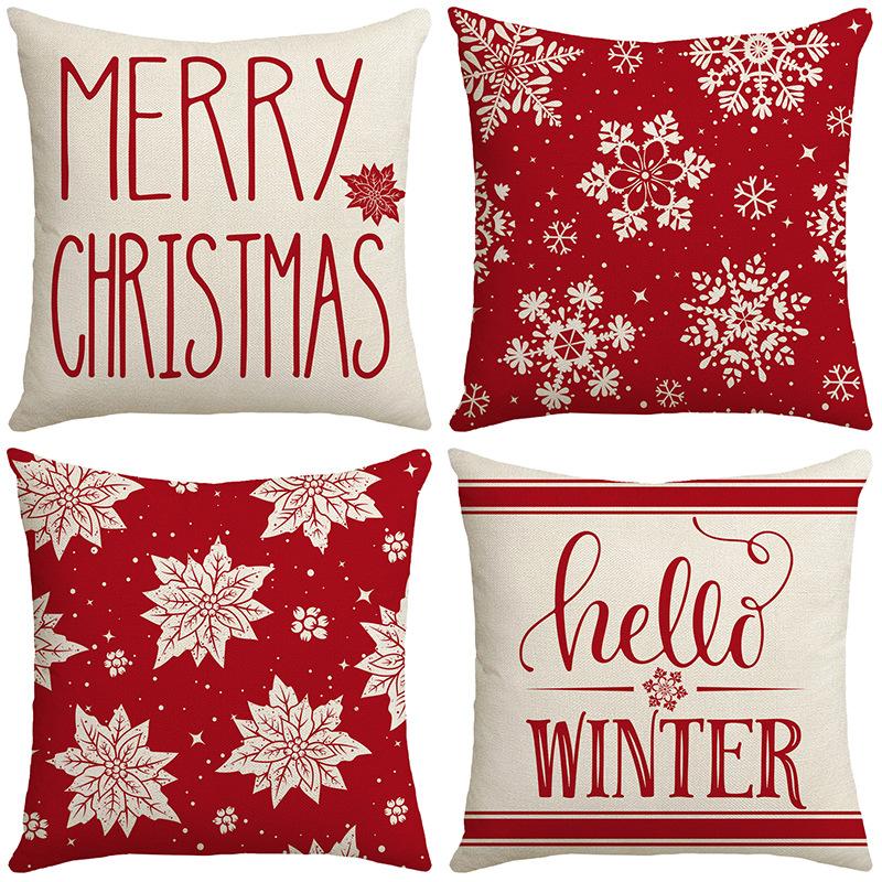 Red Festive Snowflake Element Letters Digitally Printed Linen Material Home Decoration Sofa Pillow Cover