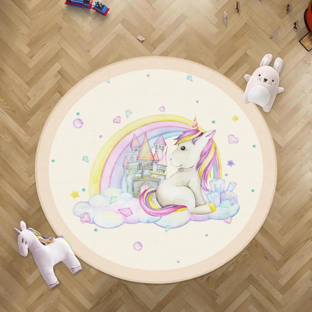 

Зачарований Єдиноріг Квітковий Круглий Килим для Домашнього Декору Магічний Райдужний Грайливий Килимок для Дитячої Кімнати Фантазійний Декор 120x120cm