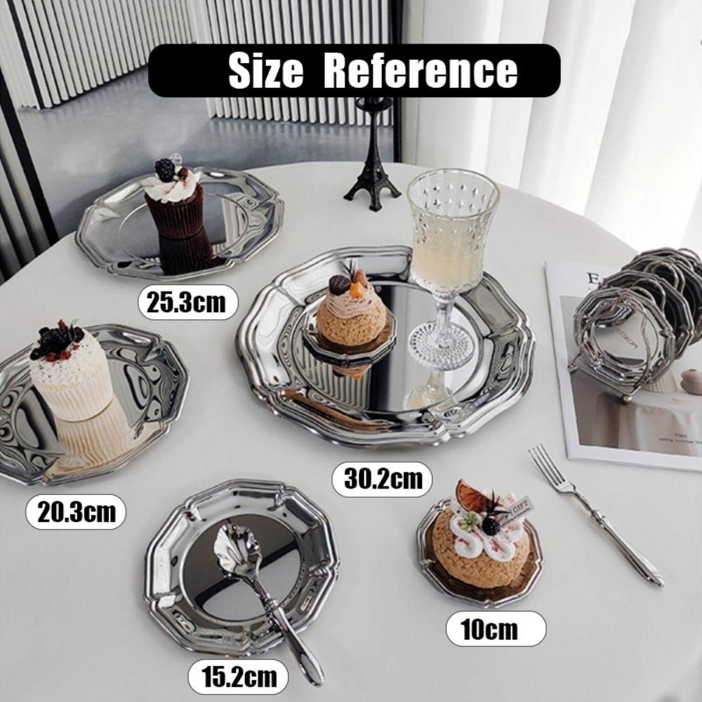 New Mirror Finish Stainless Steel Serving Tray Silver Brushed Back Dessert Plate Round Decorative Tray Home Party