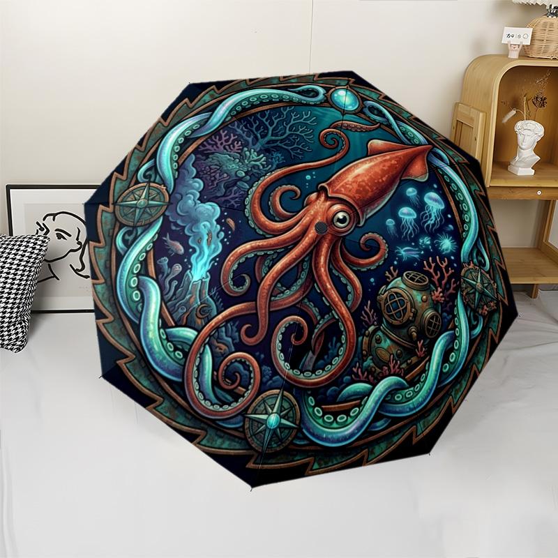 Ocean Mystery Squid pattern umbrella, portable and foldable design, 8 ribs, a casual accessory for Halloween, Christmas, and birthday gifts.