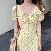 Retro V-neck Slimming Floral Print Midi Dress for Women Short Sleeve Ruffles Splice Temperament Vacation Long Dress