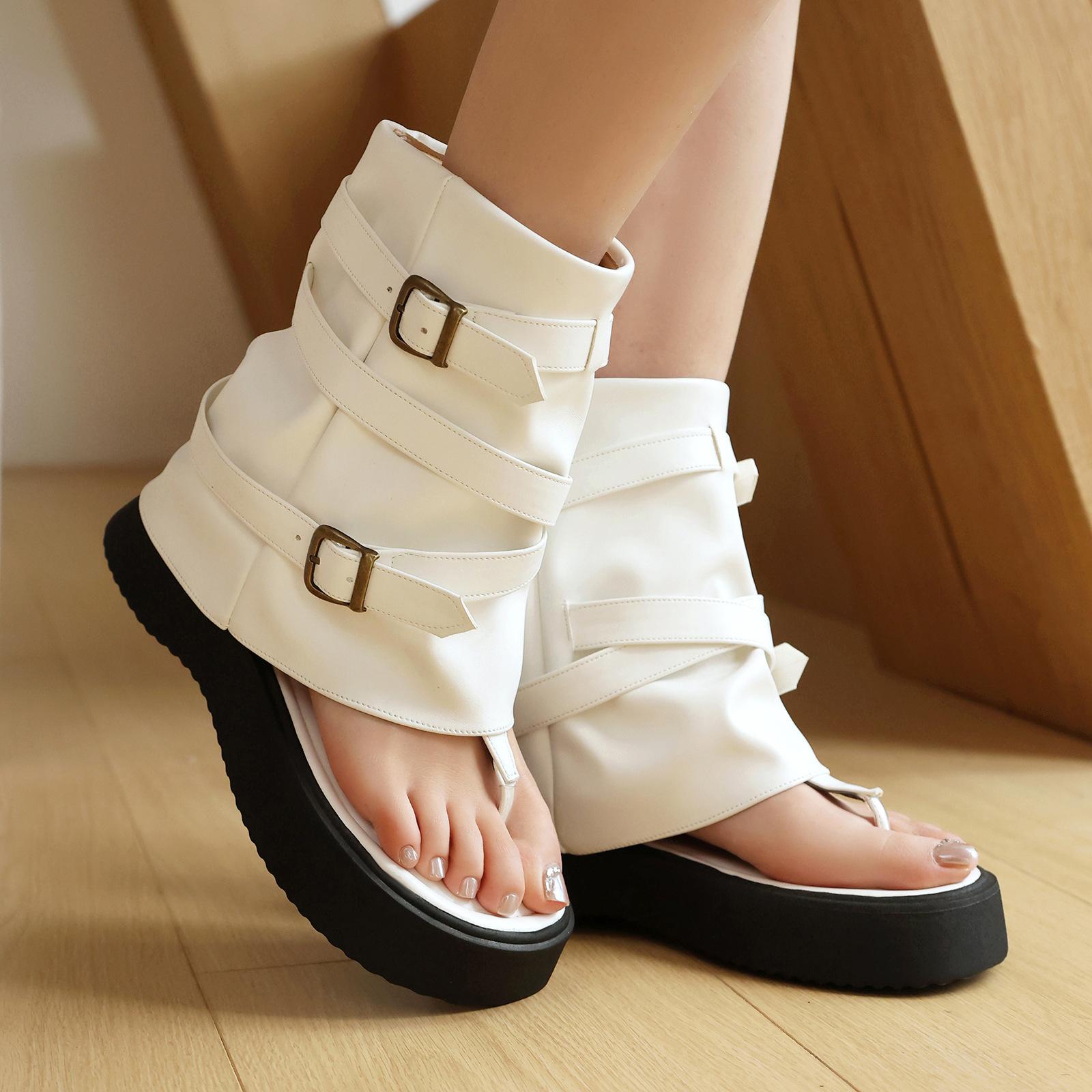 

European and American punk style belt buckle women s sandals platform-soled toe high-top boots 39 белый