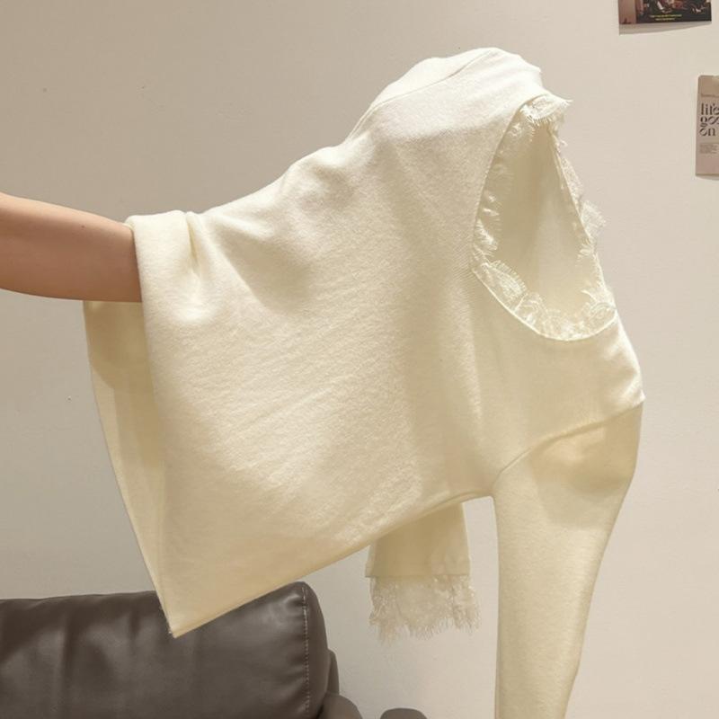 Atmospheric Lace Splicing Autumn and Winter V-neck Long-sleeved Knitted Bottoming Shirt Women's Inner Sweater