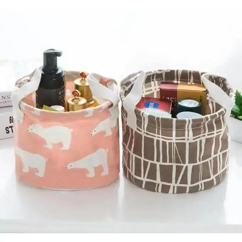 Household Fashion Cartoon Circular Cotton Linen Desktop Storage Box Sundry Storage Stationery Cosmetics Storage Basket Container