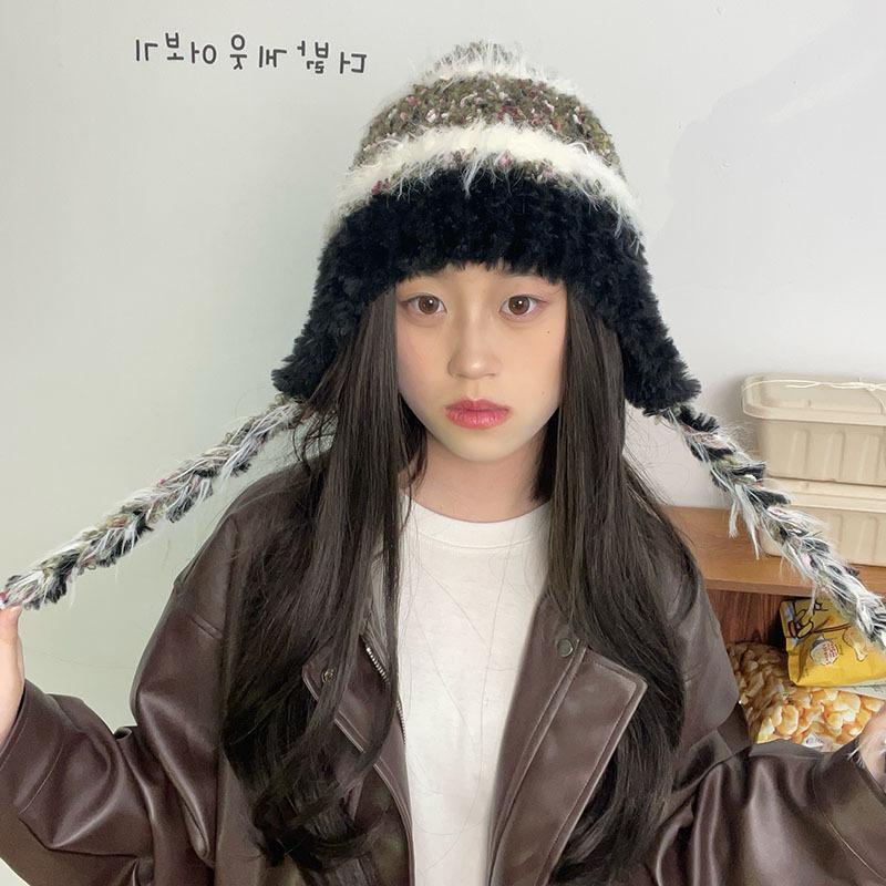 Striped splicing knitted ear protector children autumn and winter thickened warm wool cap pullover cap plush Lei Feng hat tide