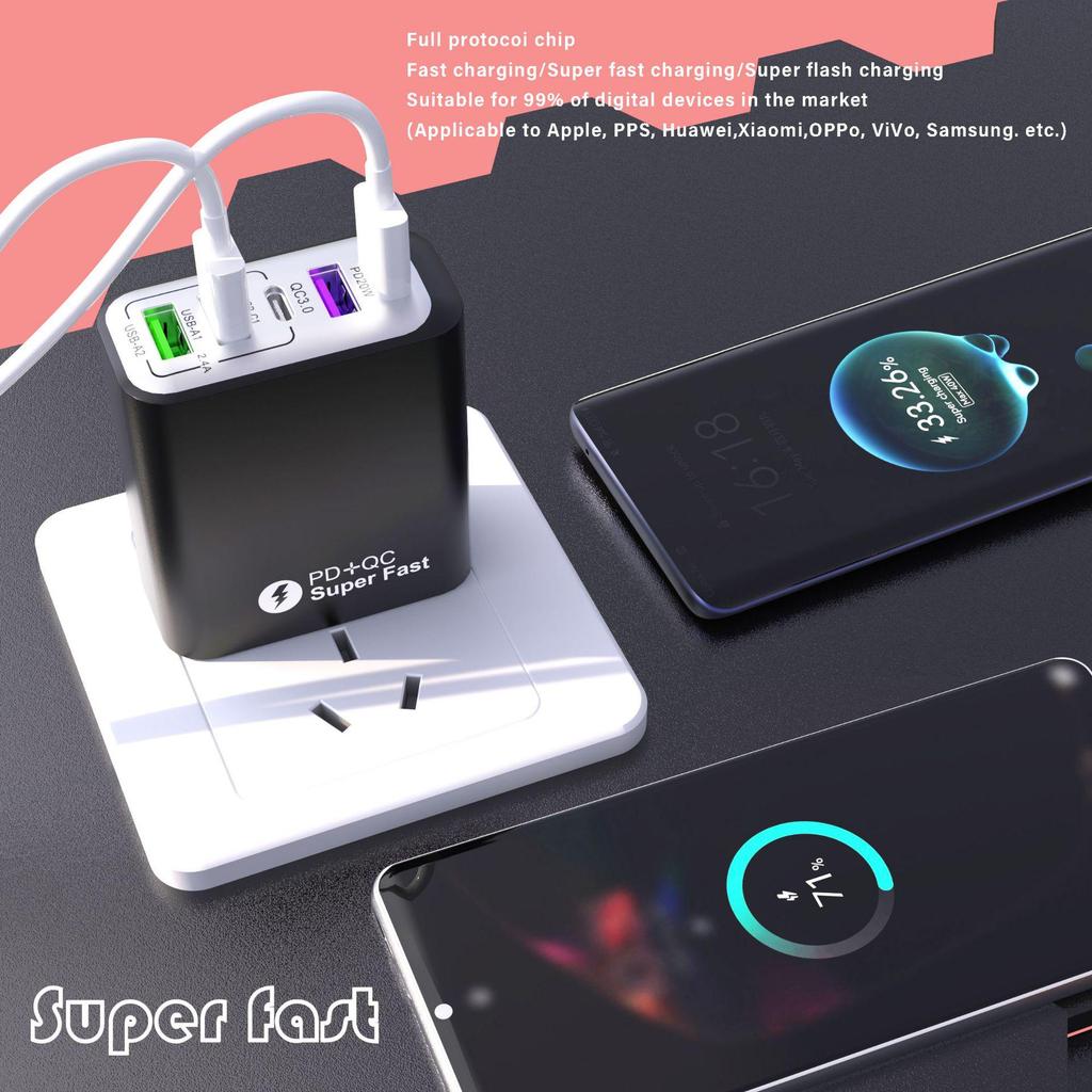 Certified 38W Multi-Port Fast Charger: 3 USB + 2 Type-C, Full Protocol Travel Charger for Mobile Phones With Flash/Fast Charging