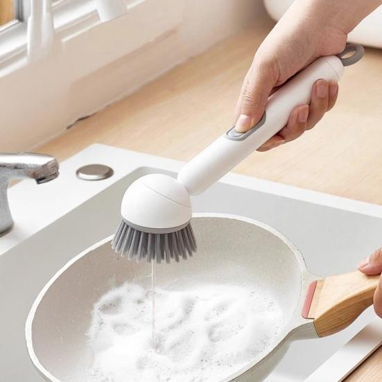 Cleaning Brush with Built-in Detergent Dispenser Adjustable Angle Rotating Scrub Function Wall Mount Kitchen Cleaning Scrubber