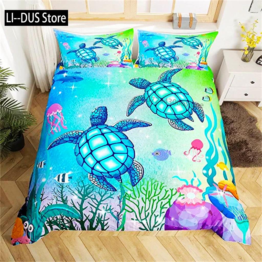 Sea Turtle Duvet Cover Green Blue Ocean Bedding Set Colorful Underwater World For Kids Child Women Nautical Sea Animal Reptile
