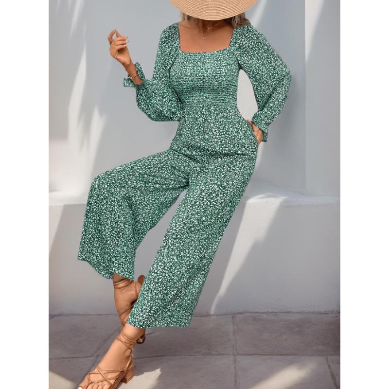 Women's Jumpsuit Square Collar Puff Sleeve Wide-leg Pants Long-sleeved Vacation Style Floral Jumpsuit