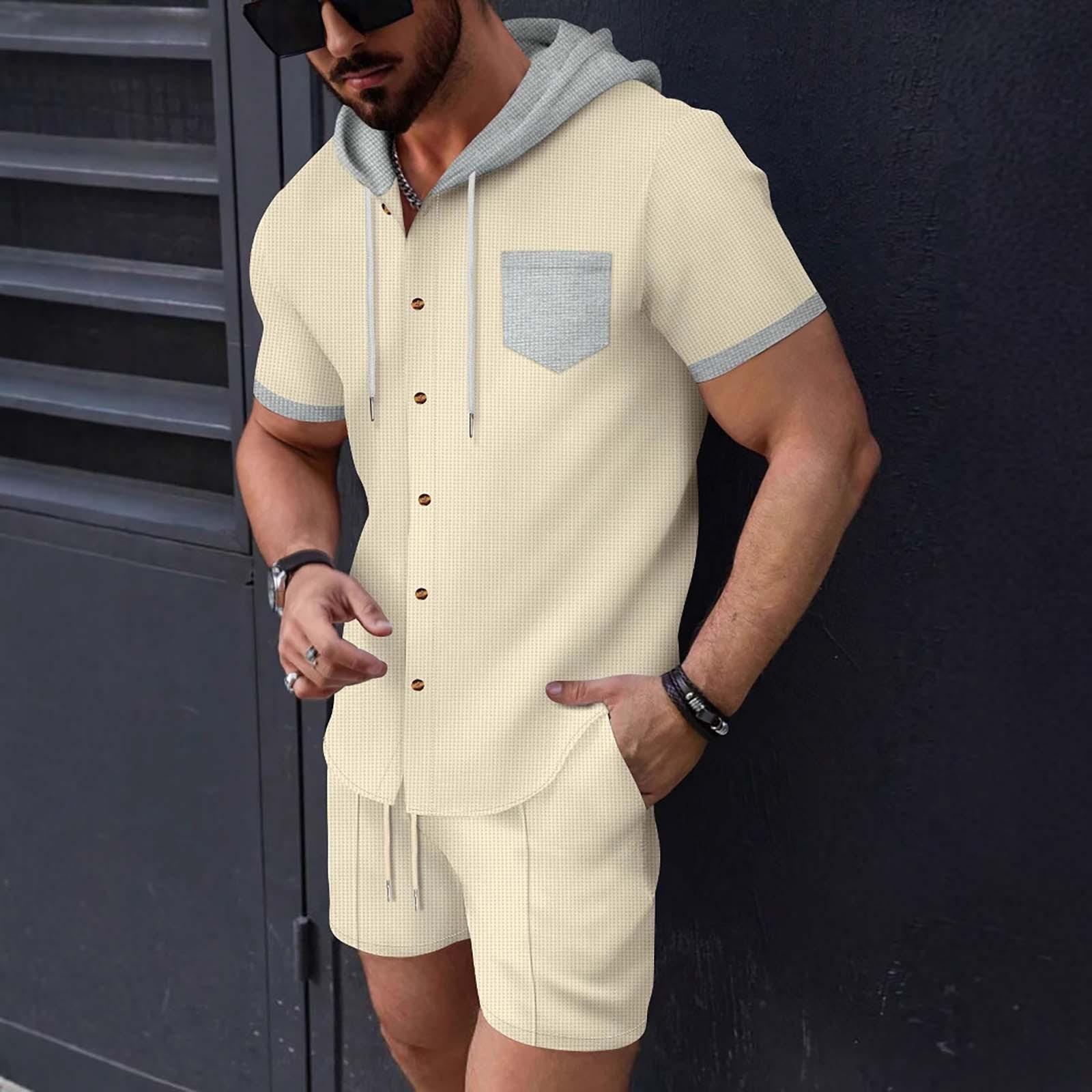 

Men s Shirt Set Solid Color Hooded Short Sleeved Shorts Set L хакі
