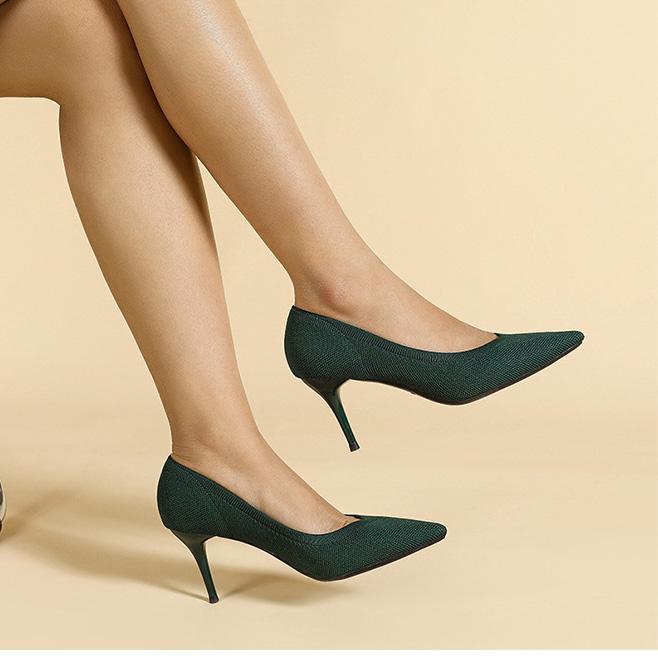 Women's Large Size Spring Stiletto Heels Pointed Toe Shoes Casual Flyknit Shallow Mouth Solid Color High Thin Heeled Single Shoes 38-43