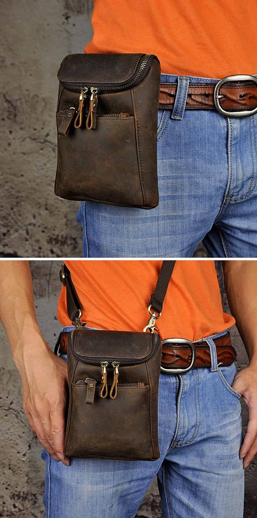 Echte Leder Kleine Umhängetasche, Schultertasche, Hüfttasche, Multifunktionale Tasche mit Handyfach, Hüftgurt-Tasche, Le'aokuu Herrentasche, Tasche, Klettverschluss