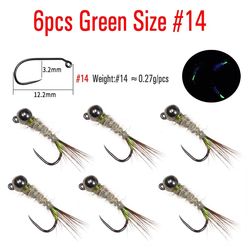 Bimoo 6pcs Black Tungsten Head Fluorescent Orange Pink Green Jig Fly Euro Nymph Perdigon Nymphs Fast Sinking Trout Fishing Lure