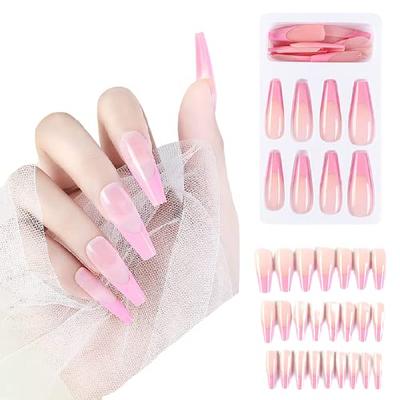 COSLIFESTORE- Press On Nails-24 Reusable Gel Nail Extensions Shape Long Ballerina French Nails with Full Application Kit - Buffer, Manicure Tool, 2