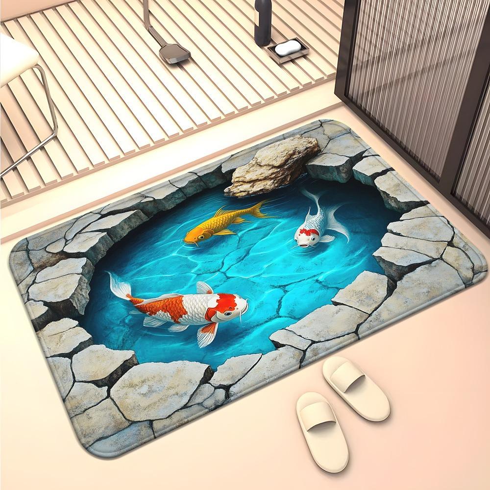 3D Illusion Carp Doormat Unique Koi Fish Pond Entrance Rug with Realistic Water Effect Non-Slip Floor Mat for Home Decor