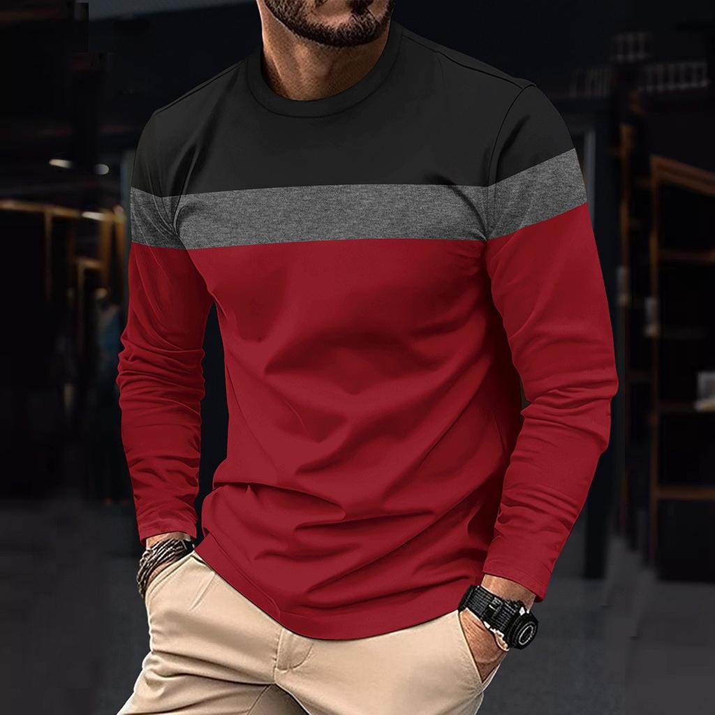 Men'S Outdoor Casual Loose Round Neck T-Shirt Color Block Long Sleeve Undershirt Spring Autumn Fashion Anti Wrinkle Pullover
