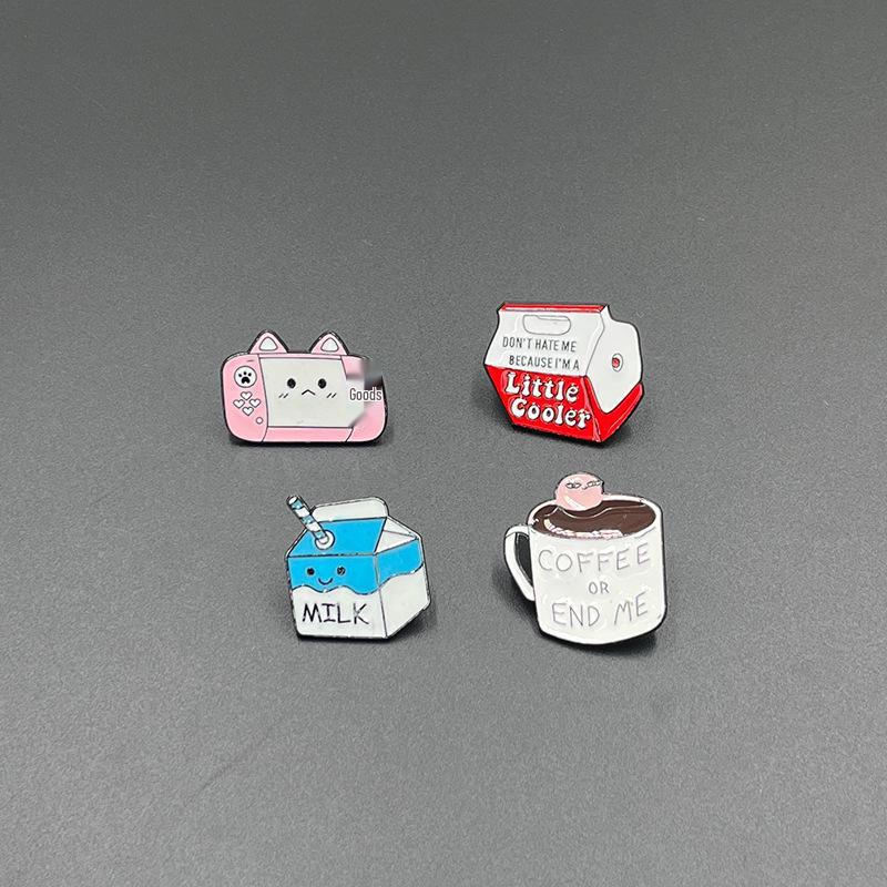 Cartoon Drip Oil Metal Brooch - Milk Carton & Coffee Cup Design for Clothing, Shoes, Bags