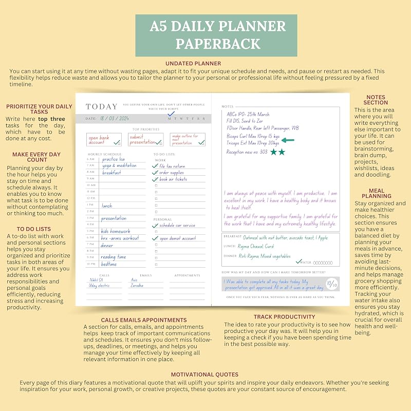 LAURET BLANC Daily Planner Undated, Schedule Your Day, Manage To-Do List, Wellness Tracker, Plan for 80 Days, Paperback.
