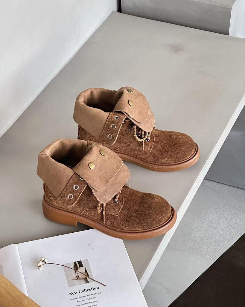 Khaki Short Boots Women's Frosted Martin Boots Women's New Flat-bottomed Thick-soled Autumn and Winter Boots Women's