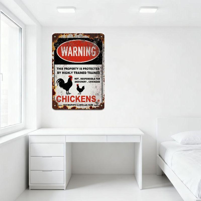 Vintage Weathered Metal Sign Rusty Warning 'CHICKENS' with Rusted Edges, Black & White Background, Rooster/Hen Illustration, Typ