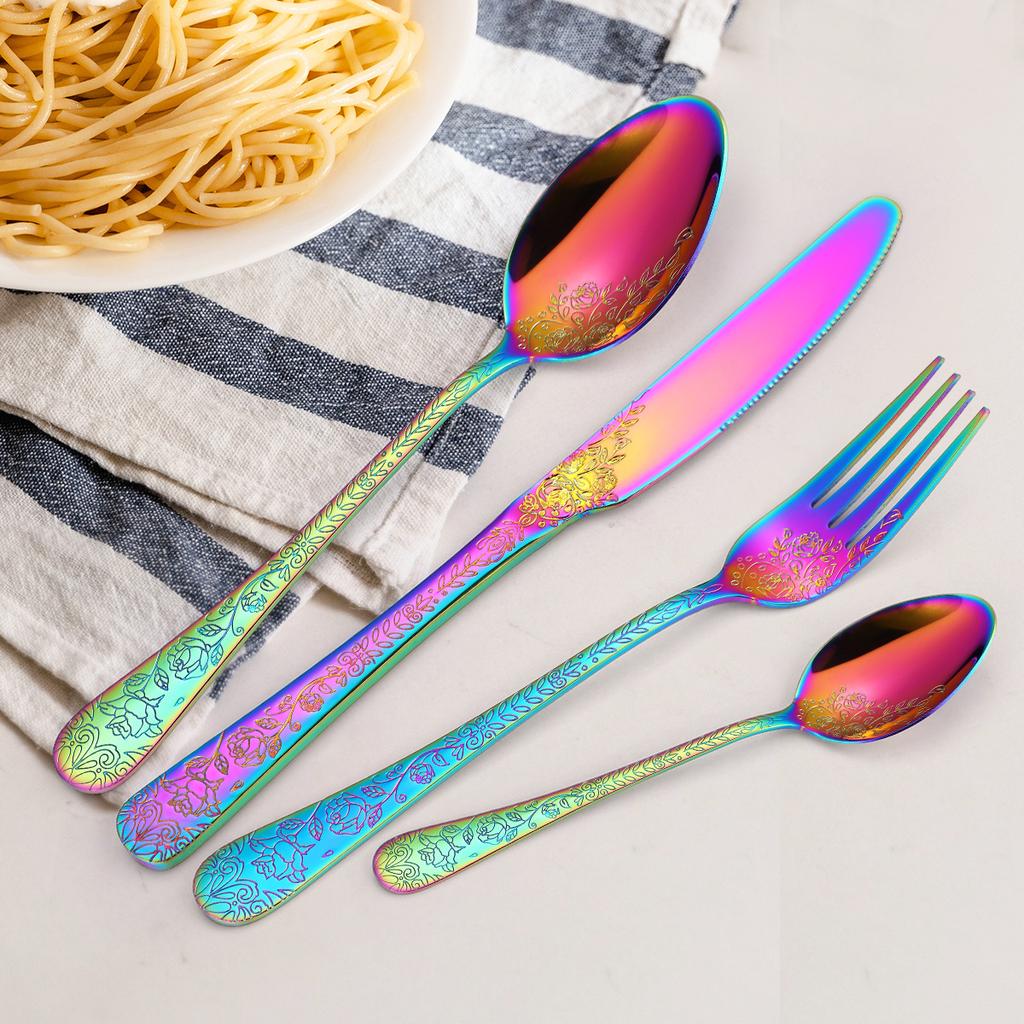 Chinese Patterned Stainless Steel Tableware Set for Household Knives  Forks  Spoons  Black 20/40 Piece Set