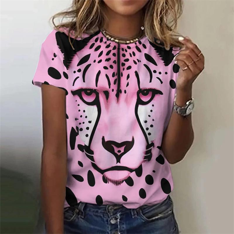 Summer Round Neck Funny Animal Colored Leopard Pattern 3D Print Top Fashionable Casual Short Sleeved Women's T-shirts