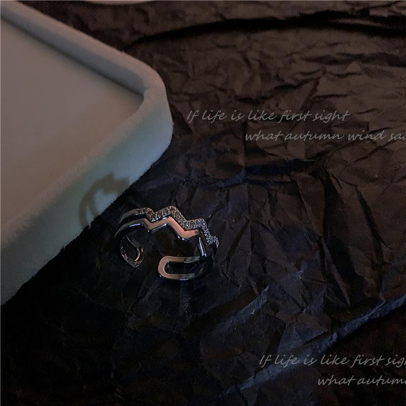 Simple geometric double-layer heart wave line ring female versatile hipster cold wind opening zircon finger ring opening adjustable