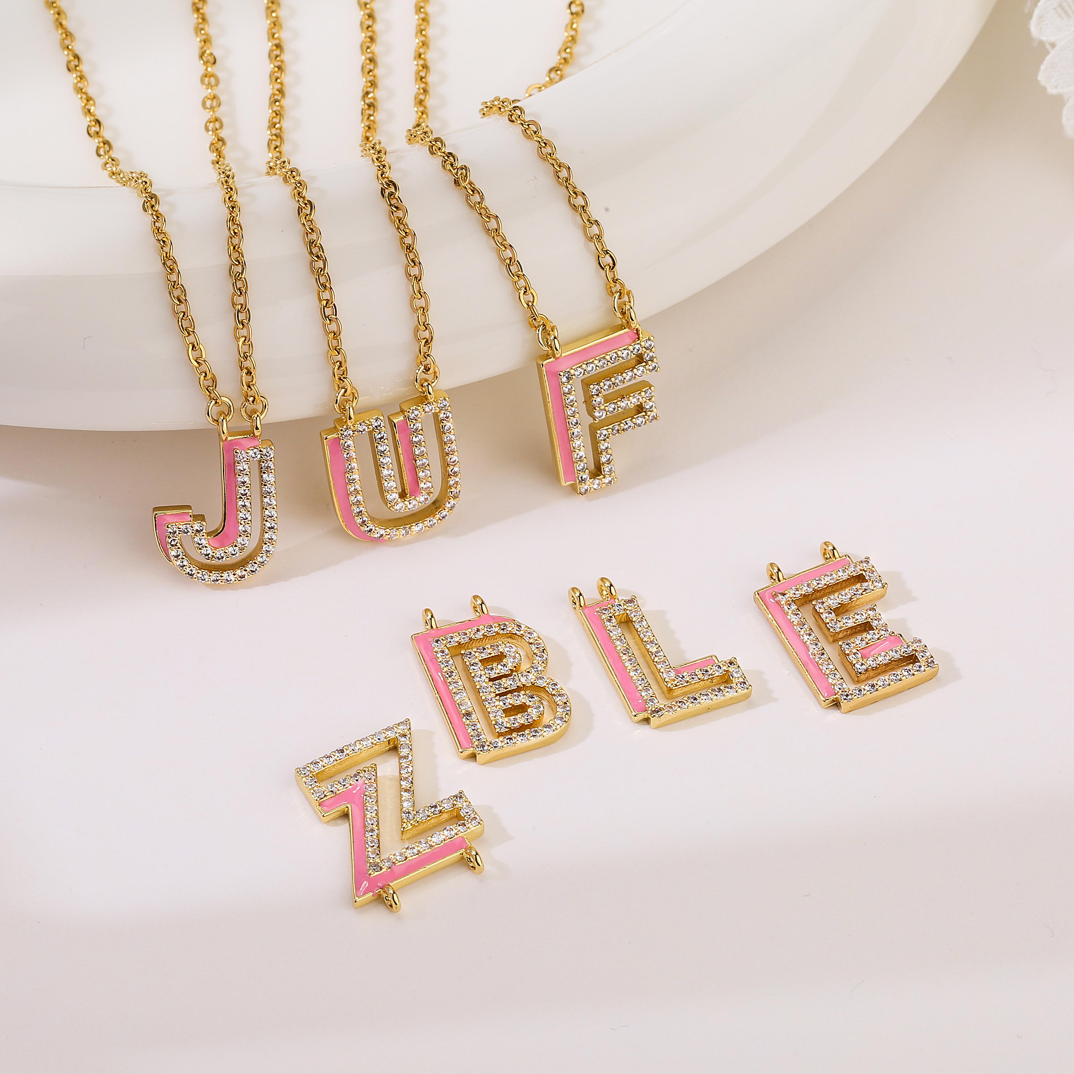 18K Gold Plated Brass Initial Letter CZ Necklace For Women Cubic Zirconia Inlaid Enamel Alphabet Pendant Zircon Gift A40cm розовый