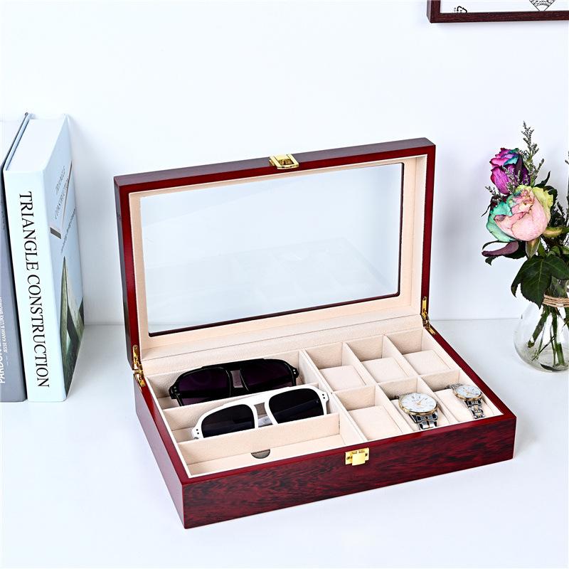Red Sandalwood Clock & Watch Painted Wooden Box - Double-Layer 2-Position Jewelry & Watch Storage Box