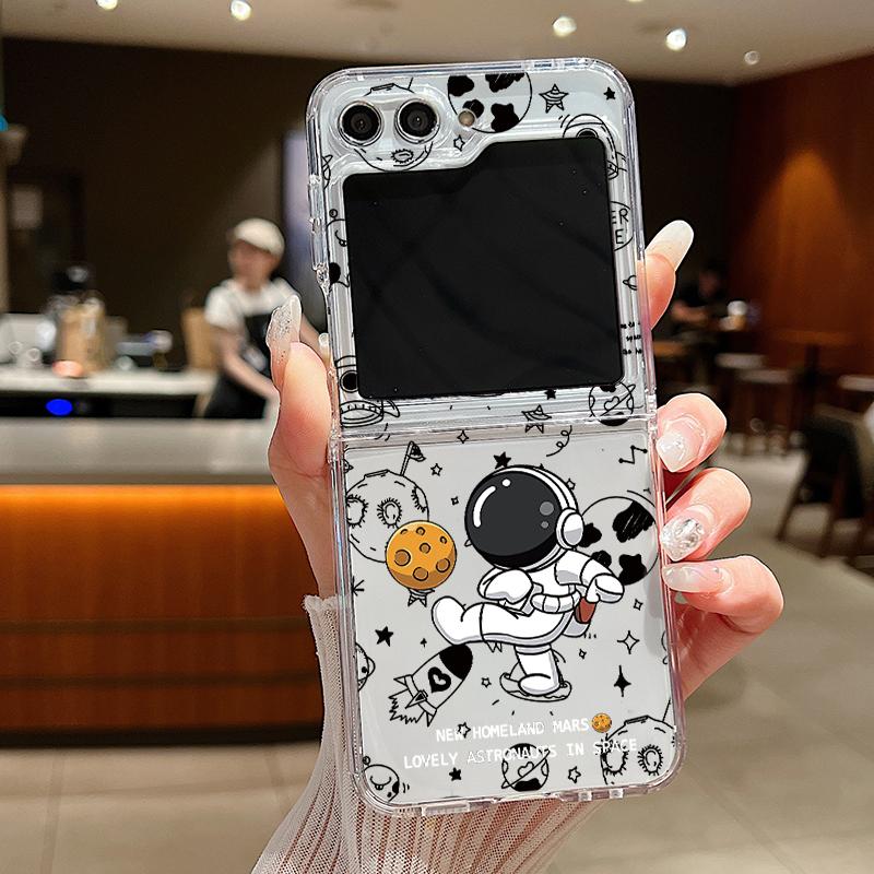 2pcs Astronaut Pattern Folding Shell For Samsung Galaxy Z Flip6 Flip5 Flip4 Flip3 Planet Clear Shockproof Slim Phone Case Cover