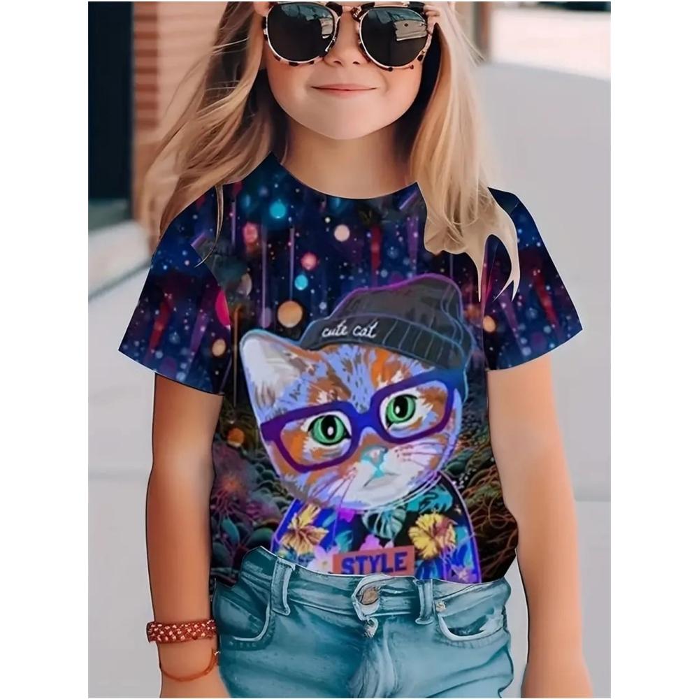 

Новая футболка с графическим 3D-принтом, милый кот, с коротким рукавом, модная, повседневная, летняя, удобная, мягкая, детская футболка 160