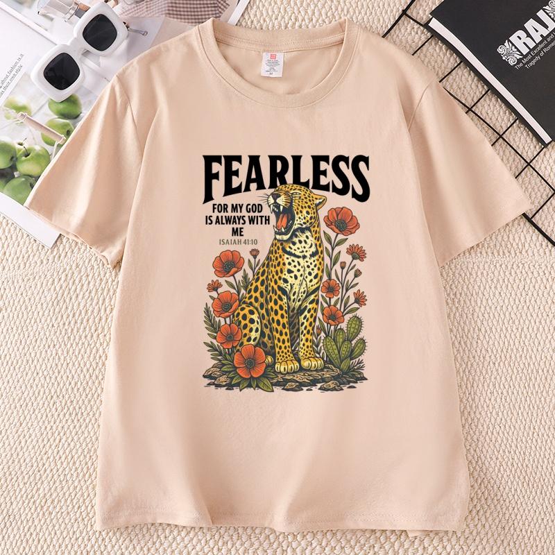 Fearless Leopard Graphic T Shirts Unisex Fearless for My God Is Always with Me TShirt Bible Verse Floral Religious Tee Shirt