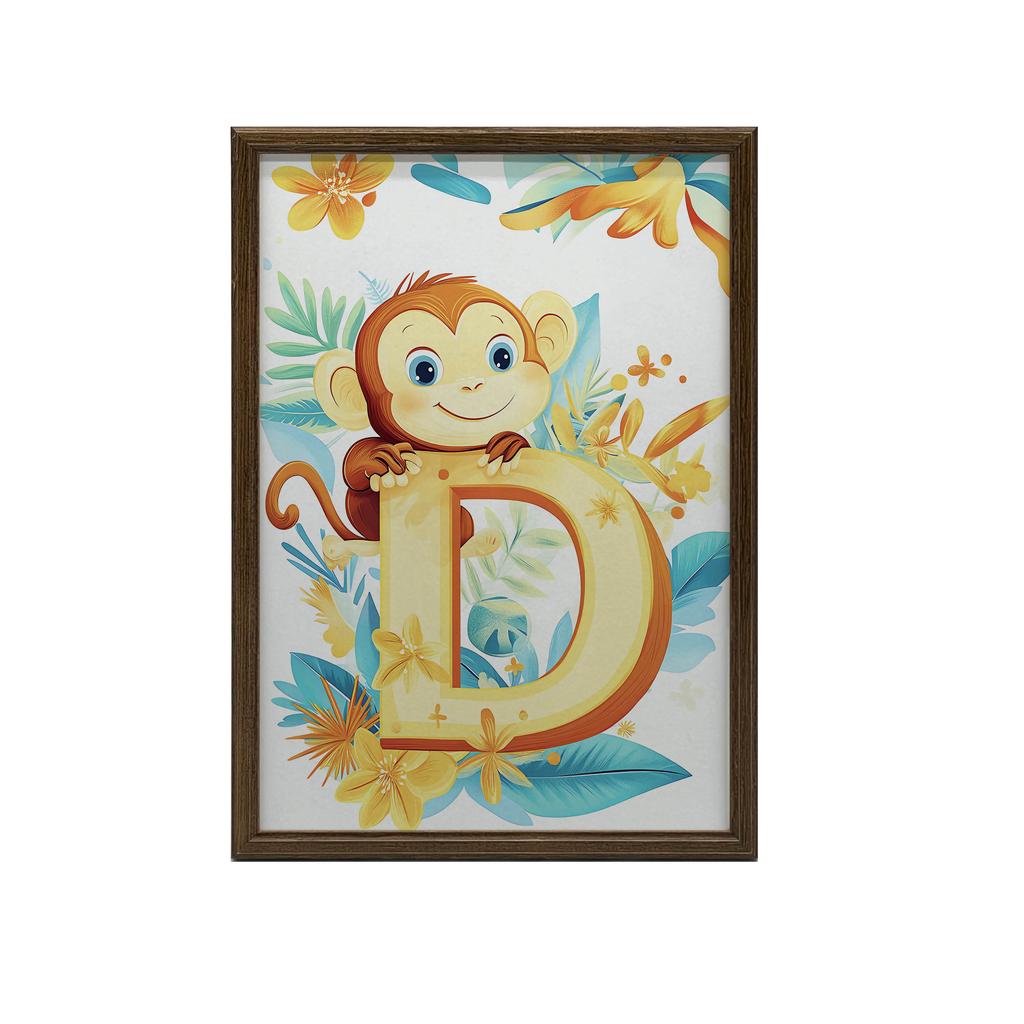 Plakat Uśmiechnięta Małpka Z Literką "D Plakat Uśmiechnięta Małpka Z Literką "D, 50X70 Cm, Rama Drewniana Jasny Dąb, Papier Matowy 230 Gsm