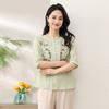 Women Pink V Neck Floral Embroidery Half Placket Three Quarter Sleeve Cotton Linen Blouse