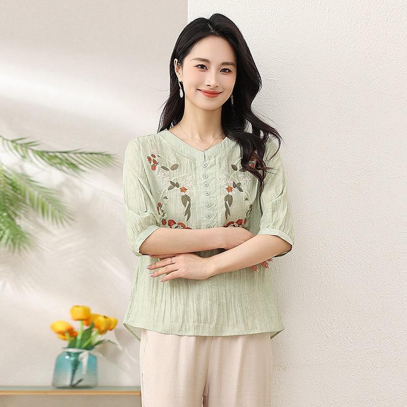 Women Pink V Neck Floral Embroidery Half Placket Three Quarter Sleeve Cotton Linen Blouse