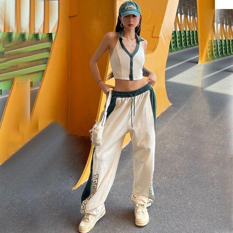 Women's American Vintage Contrast Panel Hiphop Joggers - Jazz High-Waist Loose Wide-Leg Dance Pants with Retro Design