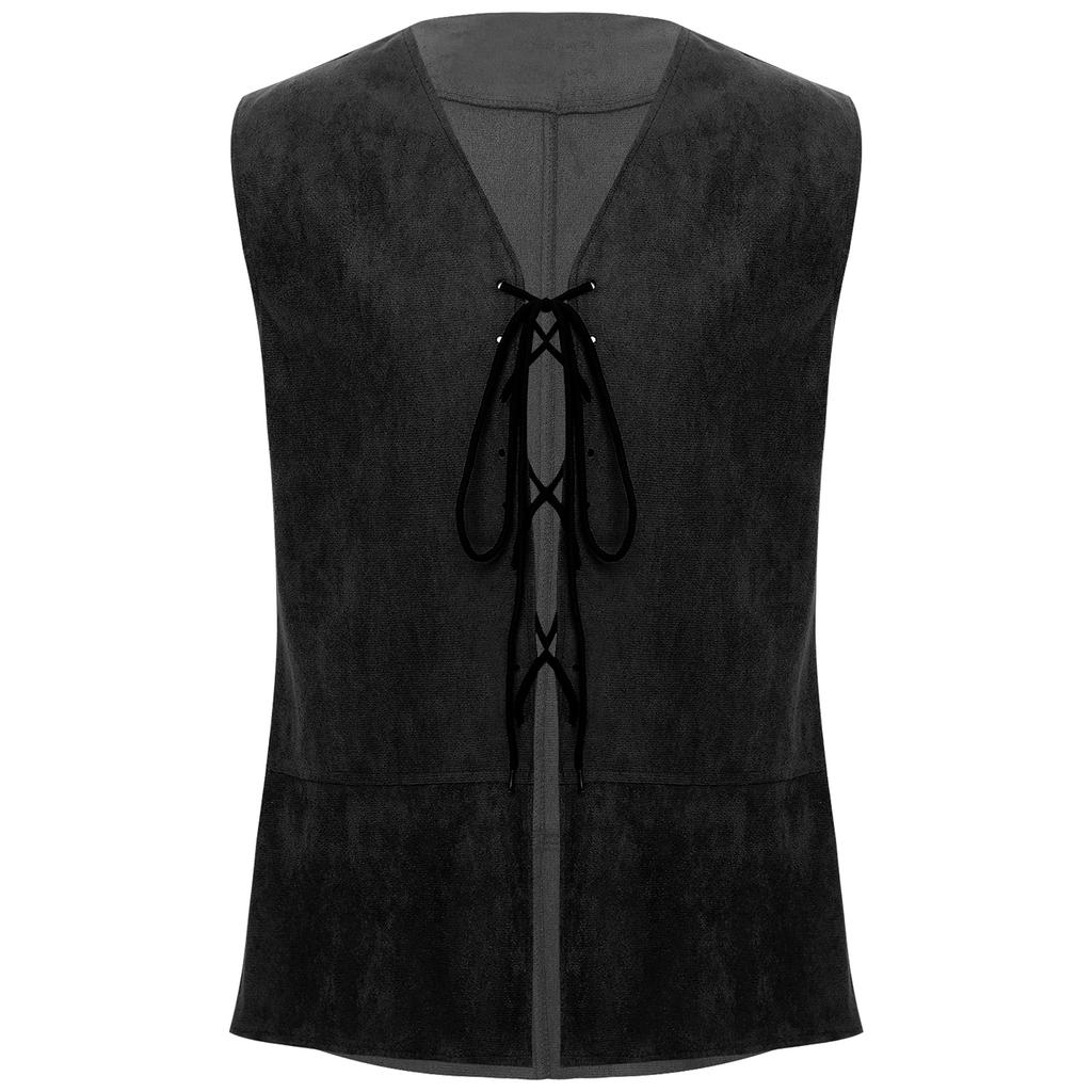 Mens Pirate Cowboy Vest Lace Up Front Solid Color Waistcoat Medieval Cosplay Halloween Costume