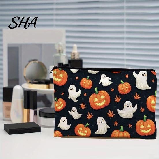 Compact Storage for Small Items Halloween Bag, with Pumpkin Ghost Print, Durable Canvas Cute Festive Zippered Pencil Case Large Capacity Makeup Pouch,