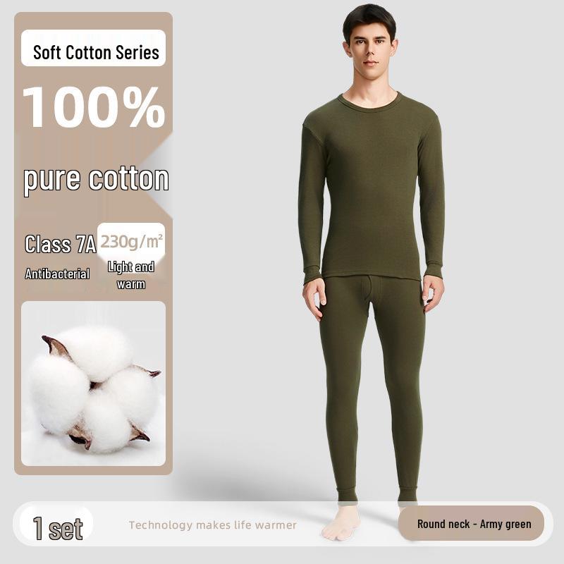 Men's 100% Cotton High-Neck Knit Thermal Set: Antibacterial Top & Bottoms, Plus Sizes