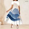 Women Plus Size Round Neck Short Sleeve Blue White Beige Printed Gathered Waist A Line Long Dress