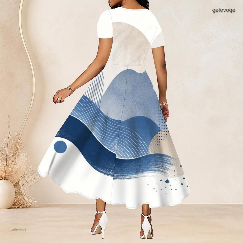 Women Plus Size Round Neck Short Sleeve Blue White Beige Printed Gathered Waist A Line Long Dress
