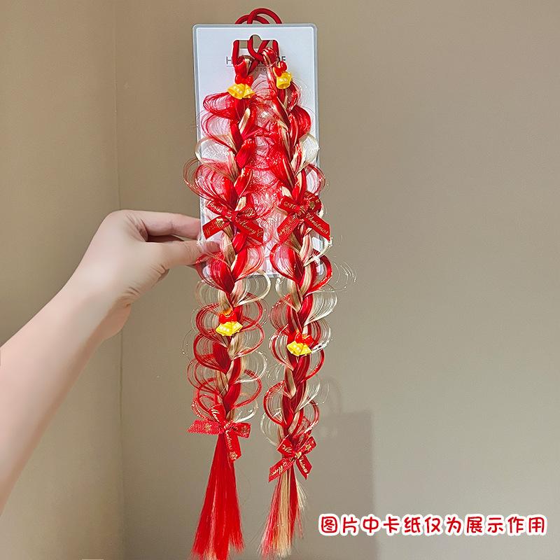 Christmas Children'S Hair Accessories Red Bow Santa Lantern Wig Braid Hair Ring Bubble Braid Wig Headband