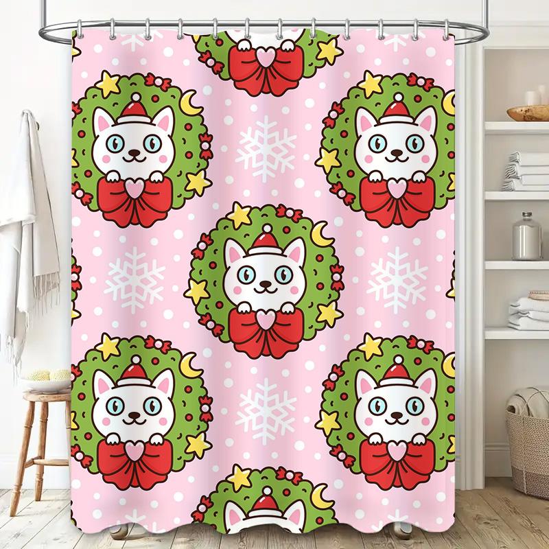 Tuniu Cute Cartoon Cat Christmas Shower Curtain Funny Holiday Gift for Women Girls Room Decor