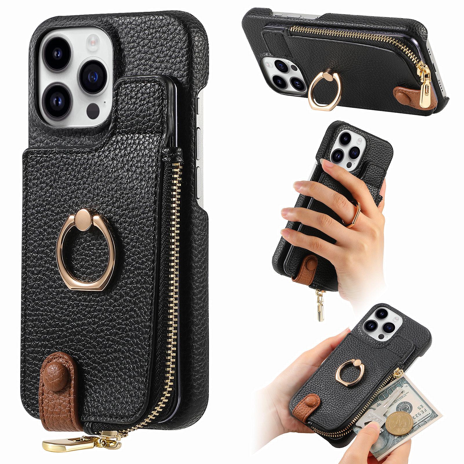

Y3 For iPhone 16 Pro Max Case Card Holder Kickstand Leather+TPU Phone Cover with Zipper Pocket Black